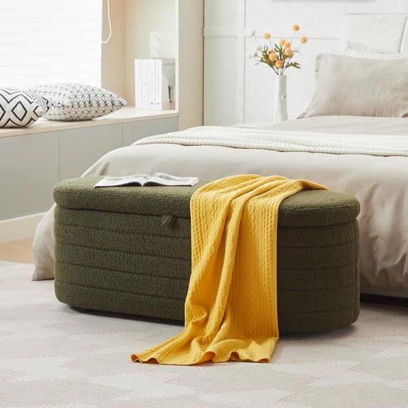 Comfort Stretch 45x16.5 Inch Green Teddy Storage Ottoman Bench,Oval Footrest with Anti-Slip Legs
