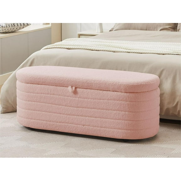Othniel 45x16.5 Inch Pink Teddy Storage Ottoman Bench,Oval Footrest with Anti-Slip Legs