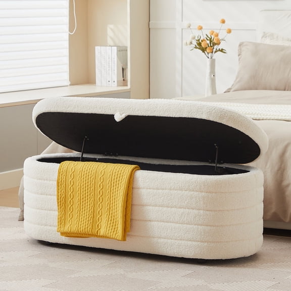 Comfort Stretch 45x16.5 Inch White Teddy Storage Ottoman Bench,Oval Footrest with Anti-Slip Legs