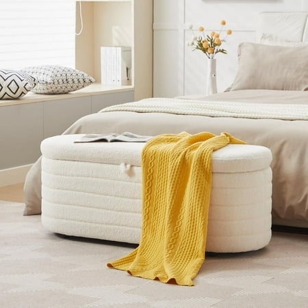 Comfort Stretch 45x16.5 Inch White Teddy Storage Ottoman Bench,Oval Footrest with Anti-Slip Legs
