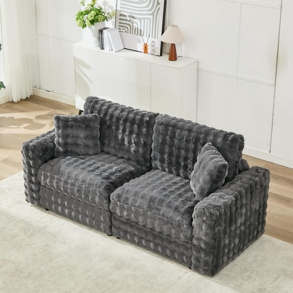 Othniel 88’’ Oversized Modular Loveseat Sofa with 2 Pillows Plush Faux Fur 2 Seater Large Sectional Sofa Cloud Couch for Living Room Grey