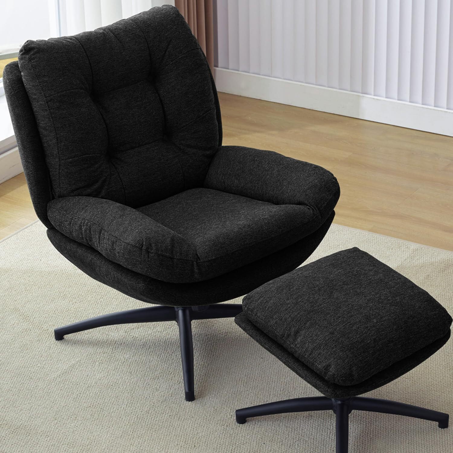 Comfort Stretch Black Swivel Accent Chair with Ottoman Rocker Glider Chairs Ottoman Footrest Set