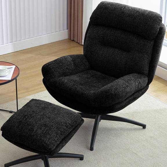 Othniel Black Swivel Accent Chair with Ottoman Rocker Glider Chairs Ottoman Footrest Set