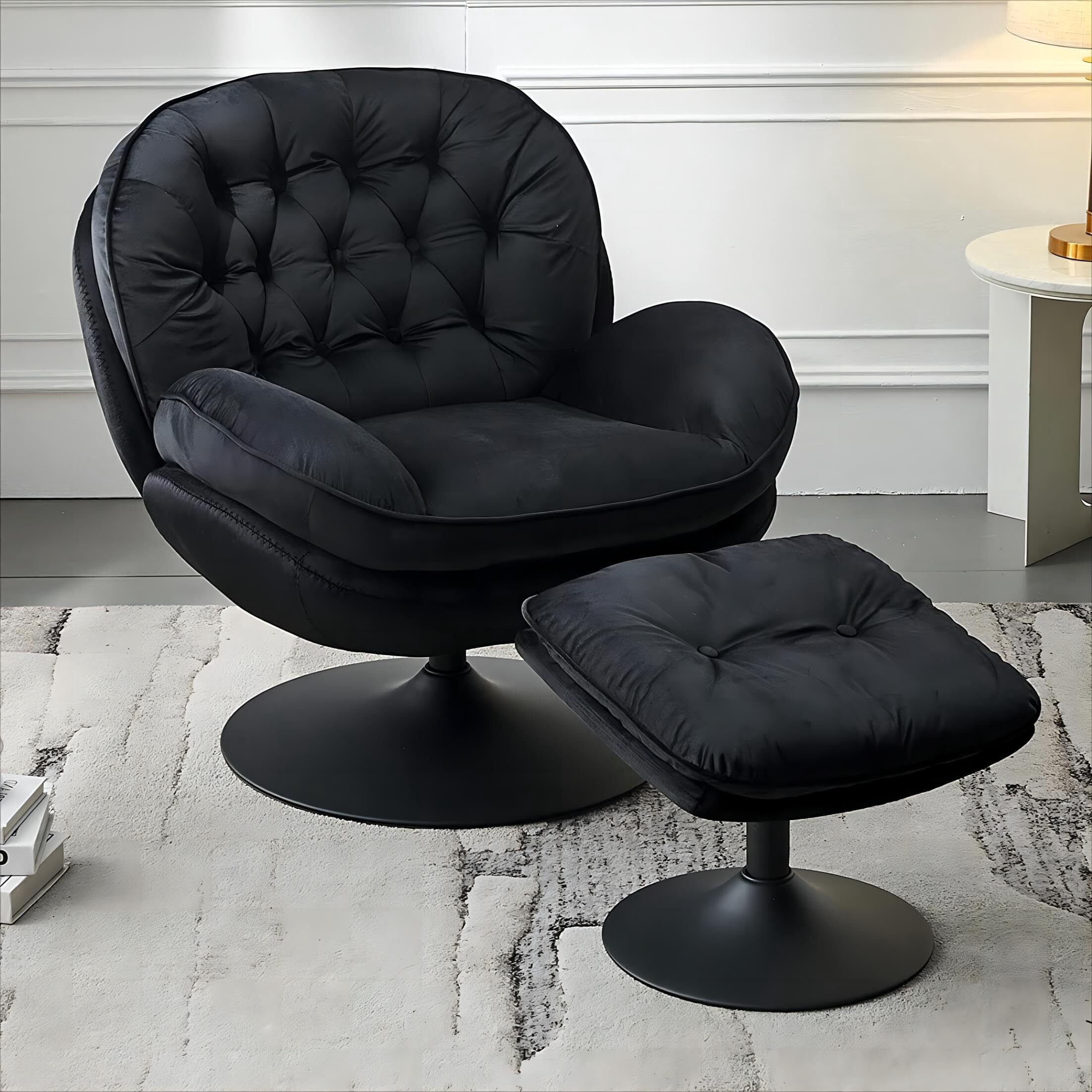 Comfort Stretch Velvet Swivel Accent Chair with Ottoman Round Reading Chair with Foot Stool Set Black