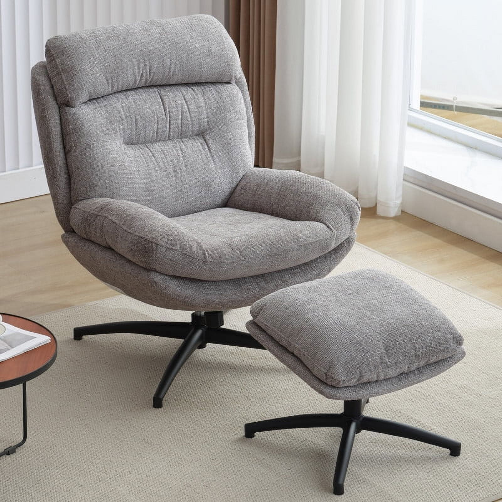 Gray Chenille Swivel Accent Chair with Ottoman