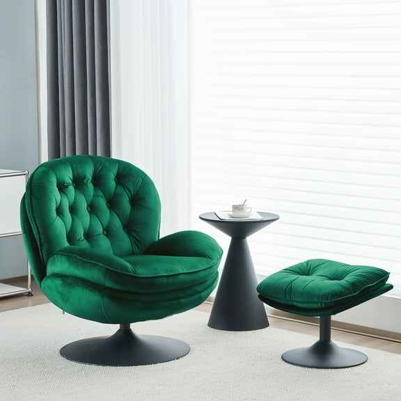 OTHNIEL Velvet Swivel Accent Chair with Ottoman Round Reading Chair with Foot Stool Set Deep Green