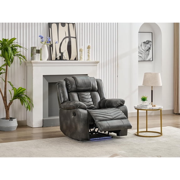 Othniel Manual Recliner Chair with LED Light,Zero Gravity Reclining Chairs for Living Room,Home Theaters,Faux Leather,Gray