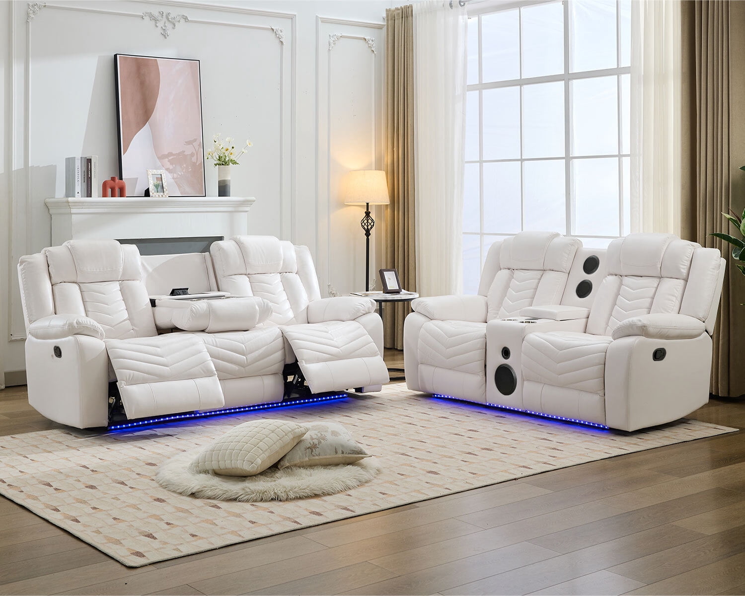 Comfort Stretch Manual Recliner Sofa Set 5-Seater with Bass Speaker,Wireless Charger,LED Light White