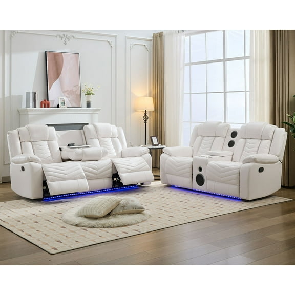 Othniel Manual Recliner Sofa Set 5-Seater with Bass Speaker,Wireless Charger,LED Light White