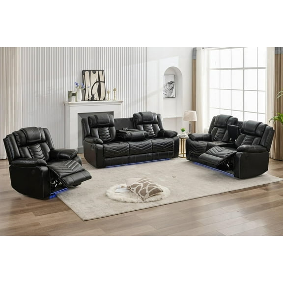 Othniel Manual Recliner Sofa Set 6-Seater with Bass Speaker,Wireless Charger,LED Light Black