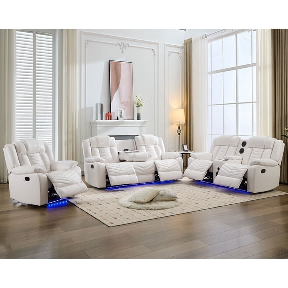 Comfort Stretch Manual Recliner Sofa Set 6-Seater with Bass Speaker,Wireless Charger,LED Light White