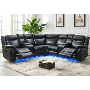 Othniel Manual Reclining Sectional Sofa with LED Light Recliner Cup Holder,USB Port Black