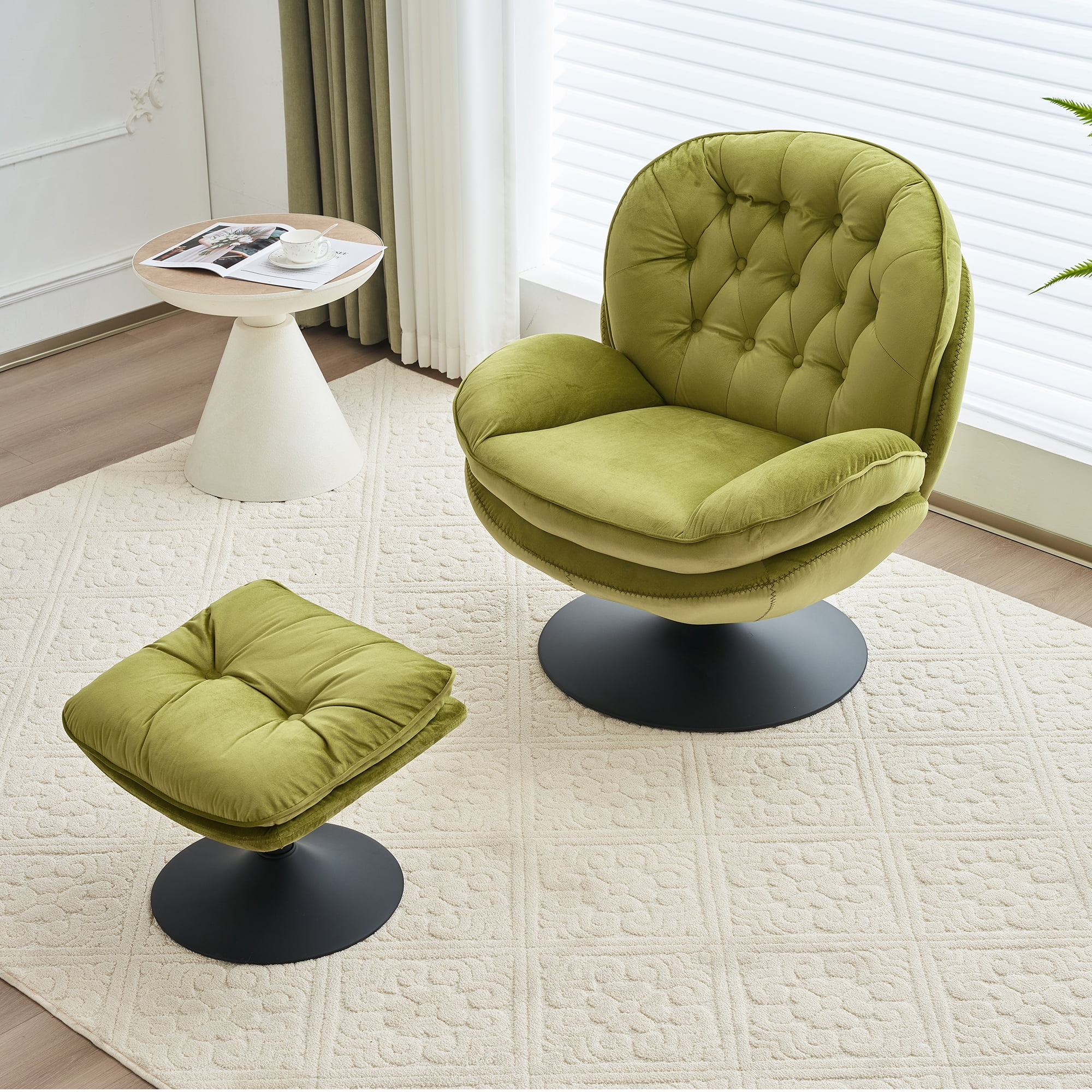 Comfort Stretch Velvet Swivel Accent Chair with Ottoman Round Reading Chair with Foot Stool Set Apple Green