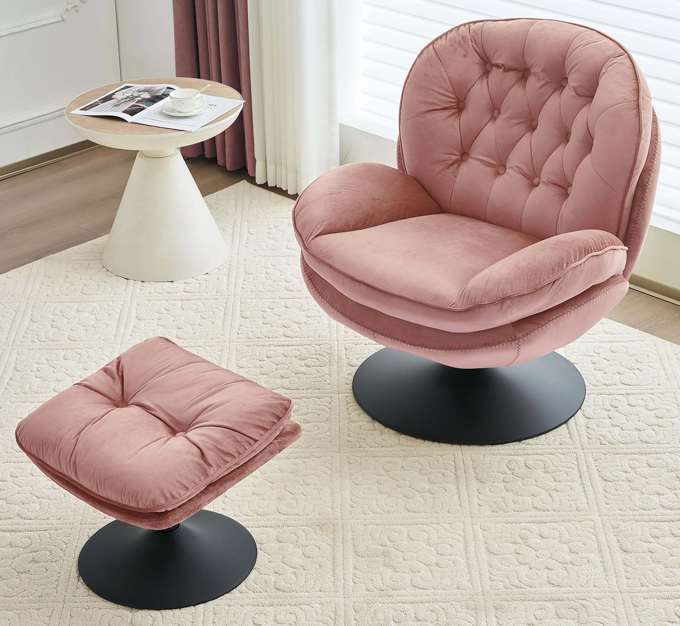 Othniel Gray Velvet Swivel Accent Chair with Ottoman, Round