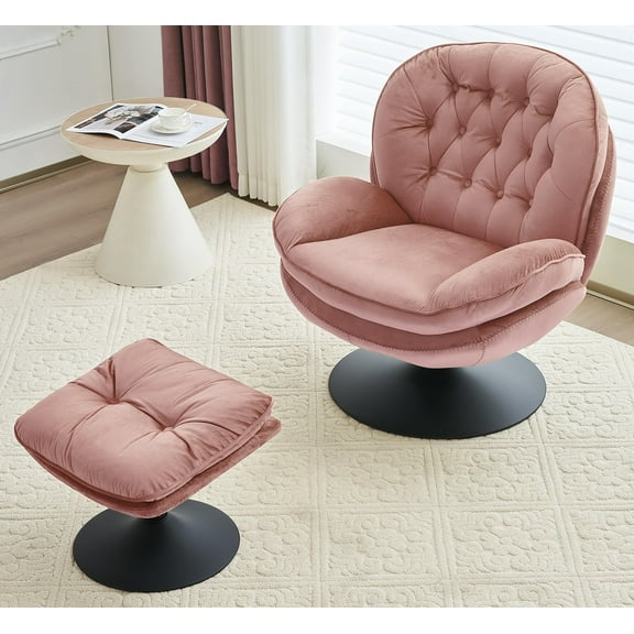 Othniel Pink Velvet Swivel Accent Chair with Ottoman, Round Reading Chair Foot Stool Set, for Living Room, Bedroom