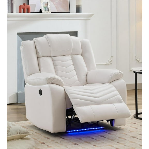 Othniel Power Recliner Chair with LED Light,Zero Gravity,USB Ports Electric Reclining Chairs for Living Room,Faux Leather,White
