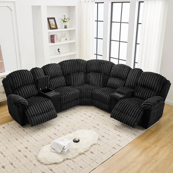 Othniel Solid Print Faux Fur Reclining and Wireless Charging Sectional Sofas with 2 Pillows, Black
