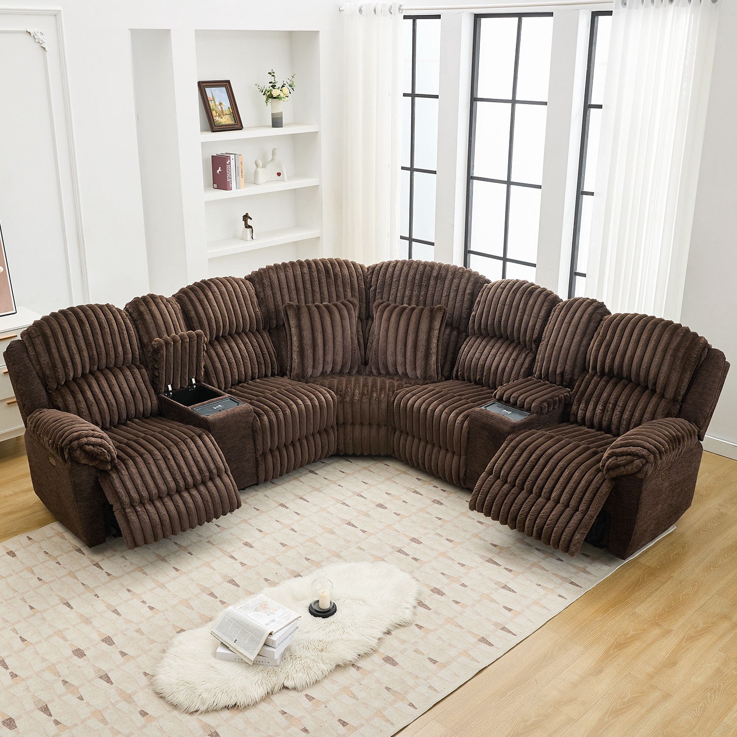 Comfort Stretch Power Recliner Sectional Faux Fur Sofa with Wireless Charging USB Type-C Ports Storage Console 2 Pillows Brown