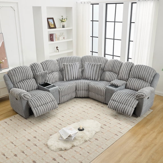 Comfort Stretch Power Recliner Sectional Faux Fur Sofa with Wireless Charging USB Type-C Ports Storage Console 2 Pillows Gray