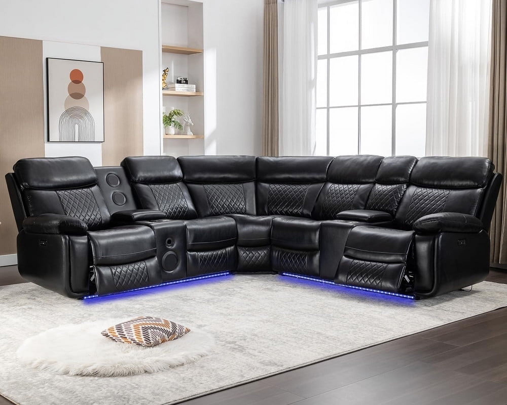 Othniel Power Reclining Sectional Couch with Bass Speaker Ambient Light USB Port,Cup Holder Black