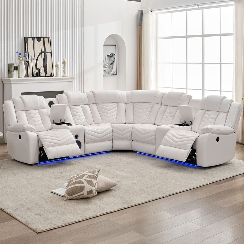 Power Reclining Sectional Sofa with Bluetooth Speakers,USB Ports,LED Lights,Cup Holders,Storage Console,Faux Leather Electric Corner L-Shaped Recliner Couch,5 Seater for Living Room White