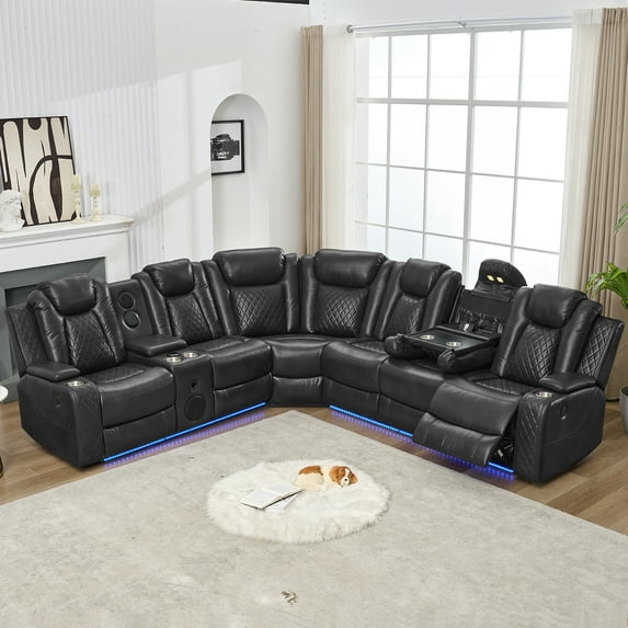 Othniel Power Reclining Sectional Couch with Bass Speaker,Wireless Charger,LED/Reading Light Gray