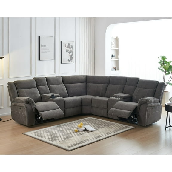 Othniel Power Reclining Sectional Sofa Recliner Couch with USB Ports Cup Holder Storage Chenille Gray