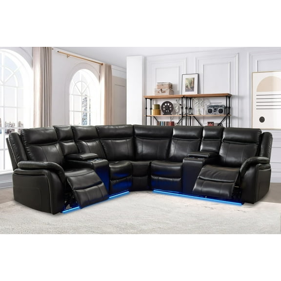 Othniel Power Reclining Sectional Sofa with LED Light Recliner Cup Holder,USB Port Black