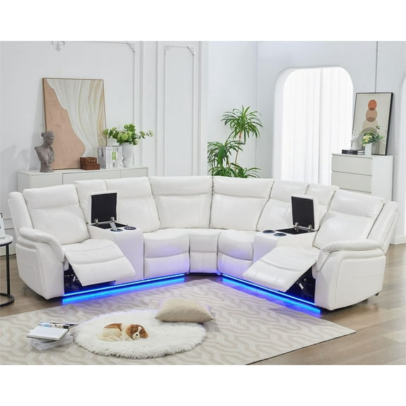 Othniel Power Reclining Sectional Sofa with LED Light Recliner Cup Holder,USB Port White