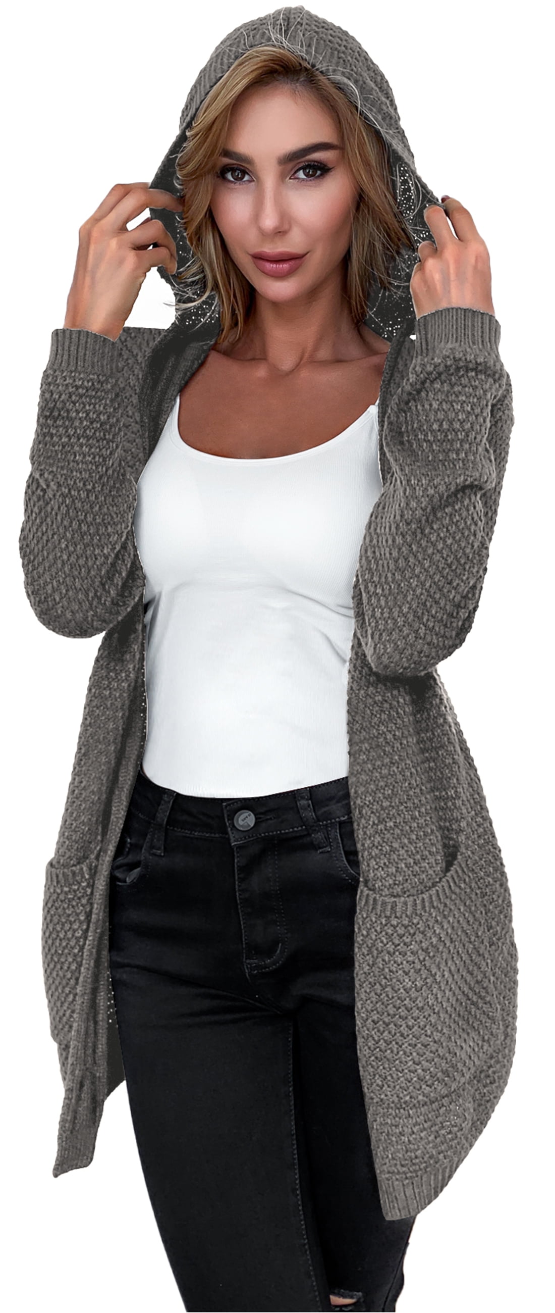 Othyroce Women's Open Front Hooded Cardigan, Long Sleeve, Chunky Knit ...