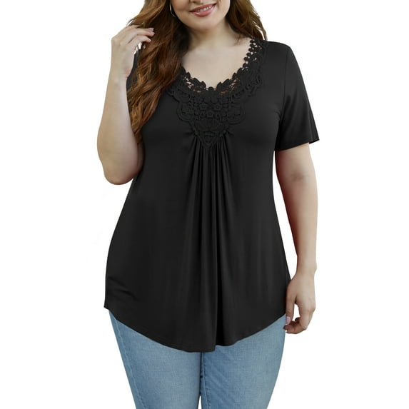 Othyroce Women's Plus Size Tops Short Sleeve Shirts Lace Crochet Tunic Tops Blouses