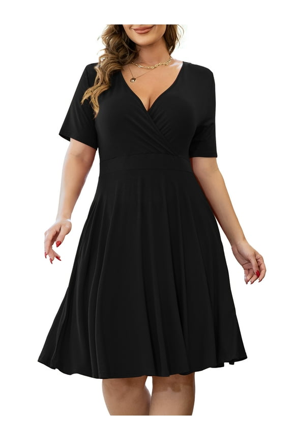 Womens Plus Size Dresses Short Sleeve Faux Wrap Causal Swing Dress with Pockets L-4XL