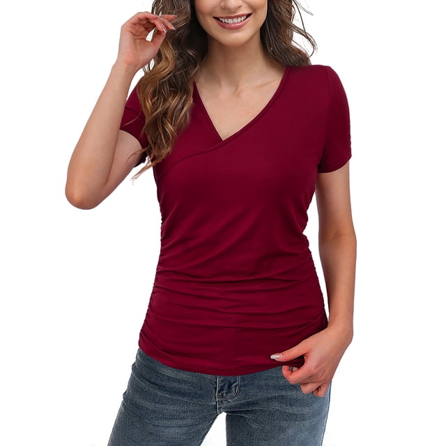 Othyroce Womens Tops Short Sleeve Blouses Faux Wrap Casual V Neck ...