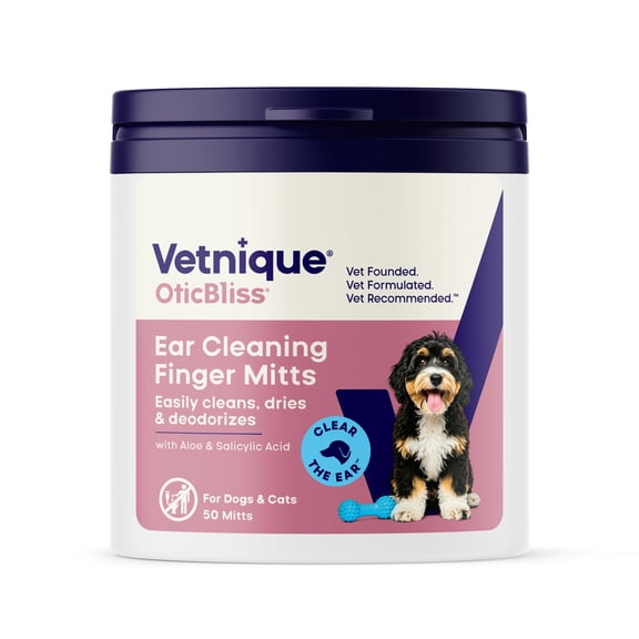 Vetnique OticBliss Dog & Cat Ear Cleaning Finger Mitt Wipes for Dirt & Wax Removal, 50 ct