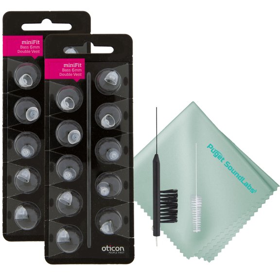 Oticon Minifit Small 6 mm Double Vent Bass Hearing Aid Domes 20 Pieces with Cleaning Tool Kit