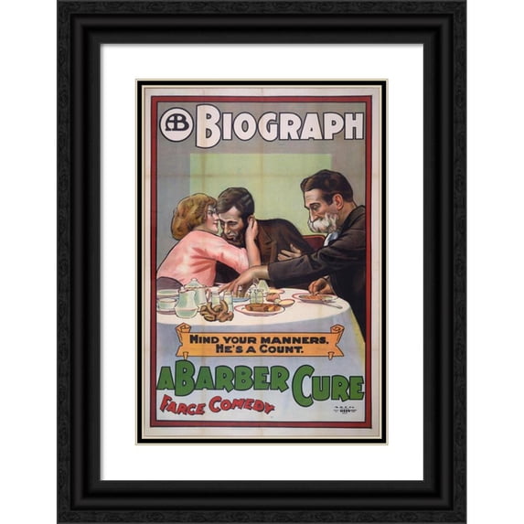 Otis Litho. Co. 18x24 Black Ornate Framed Double Matted Museum Art Print Titled: A Barber Cure (1913)