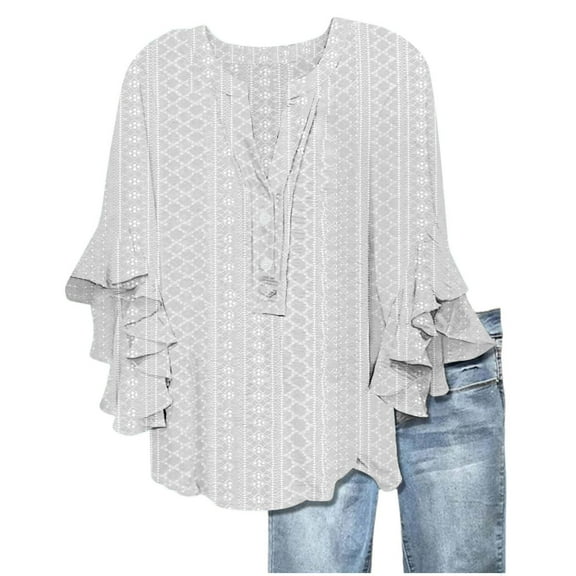 Otntypg 3/4 Flared Sleeve Lace Crochet Eyelet Tops for Women Casual Half Button up V Neck Solid Color Henley Shirts Tunic Tees Loose Fit Dressy Elegant Ruffle Blouse White S