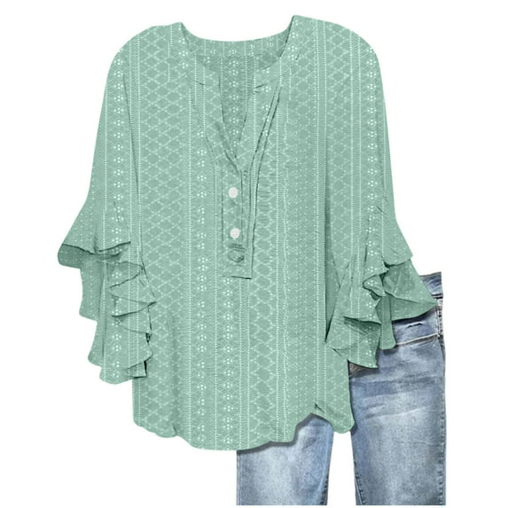 Otntypg 3/4 Flared Sleeve Lace Crochet Eyelet Tops for Women Casual Half Button up V Neck Solid Color Henley Shirts Tunic Tees Loose Fit Dressy Elegant Ruffle Blouse Green XXL