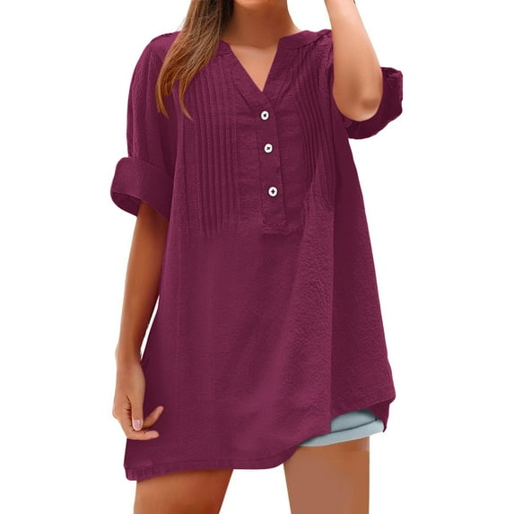 Otntypg 3/4 Lenght Sleeve Button Henley Shirts for Women Casaul Solid Color Summer Ruched Pleated T-Shirts Lightweight Dressy Elegant Tunic Blouse Purple M