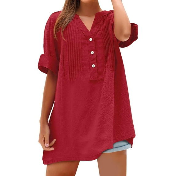 Otntypg 3/4 Lenght Sleeve Button Henley Shirts for Women Casaul Solid Color Summer Ruched Pleated T-Shirts Lightweight Dressy Elegant Tunic Blouse Red M