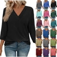 thumbnail image 1 of Otntypg 3/4 Length Sleeve Womens Tops Trendy Pleated V Neck Summer Basic Solid Color Tunic Blouse Loose Oversized Dressy Casual Plain Tees Shirt Blue#01 S, 1 of 7