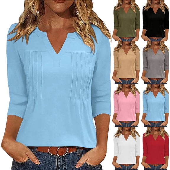 Otntypg 3/4 Length Sleeve Womens Tops Trendy Summer Basic Solid Color Pleated V Neck T Shirts Dressy Casual Loose Fit Comfy Tunic Blouses Black XL