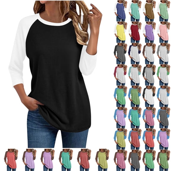 Otntypg 3/4 Raglan Sleeve Tops for Women Plus Size Spring Fall Cute Baseball T-Shirts Dressy Casual Color Block Pullover Blouse Loose Oversized Tunic Shirts Dark Blue L