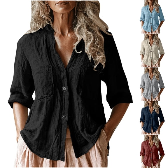Otntypg 3/4 Sleeve Cotton Linen Shirts for Women Lightweight Casual Summer Button Down Plain Tees Shirt Loose FIt Comfy Beach Vacation Hawaiian T-Shirt Tops with Pockets Black XL