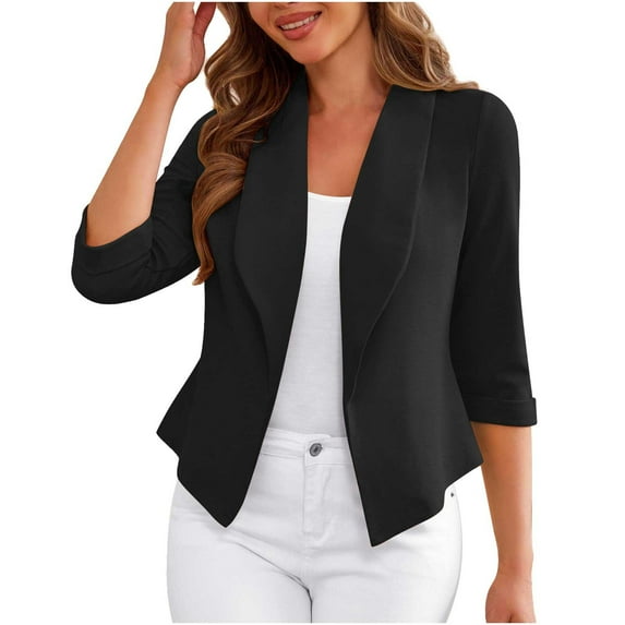 Otntypg 3/4 Sleeve Cropped Blazers for Women Fall Lightweight Casual Open Front Cardigan Jacket Loose Fit Casual Work Office Suit Blazer Jackets Black L