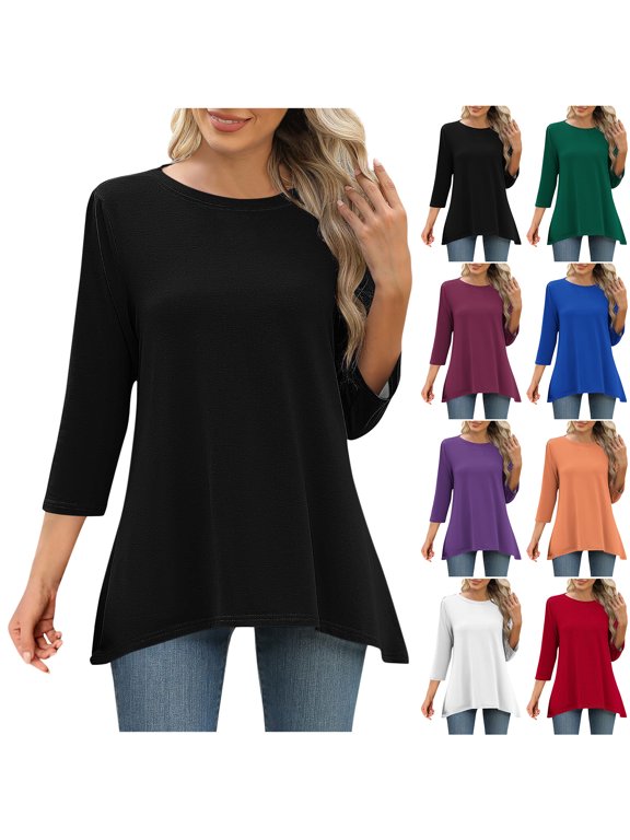 3/4 Sleeve Flowy Tunic Tops for Women Loose Fit Dressy Casual Summer Cute Blouse Trendy Solid Color Basic Crew Neck T-Shirts to Wear with Leggings Black XL