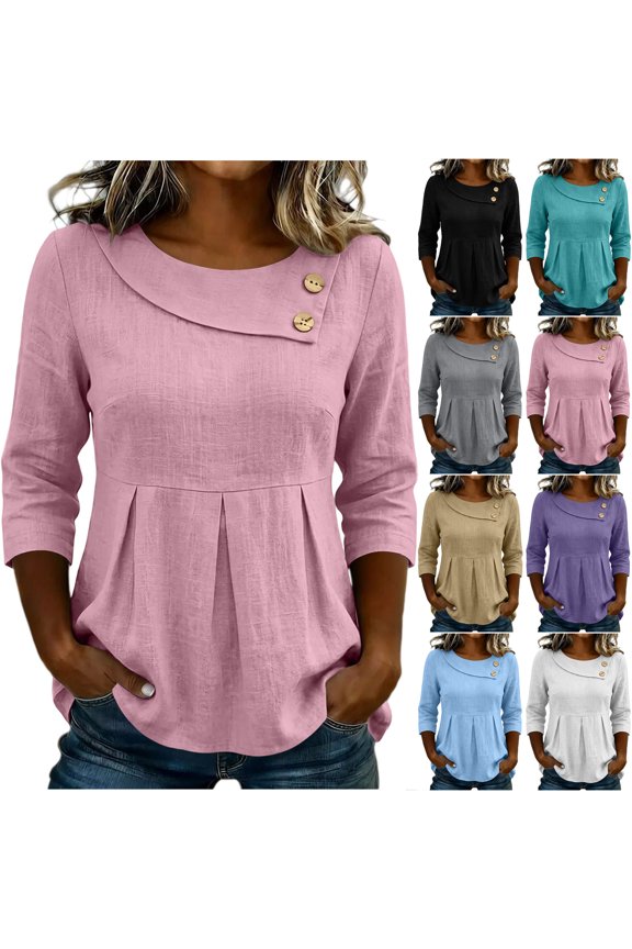 3/4 Sleeve Linen Shirts for Women Dressy Casual Button Decor Collared Round Necek Pullover Tops Loose Lightweight Cozy Work Flowy Ruched Pleated Tunic Blouse