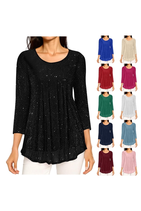 3/4 Sleeve Sparkly Tops for Women Dressy Casual Ruched Mesh Pleated Crew Neck Layered Flowy Tunic Blouse Loose Fit Glitter Cocktail Party Evening Shirts Red S