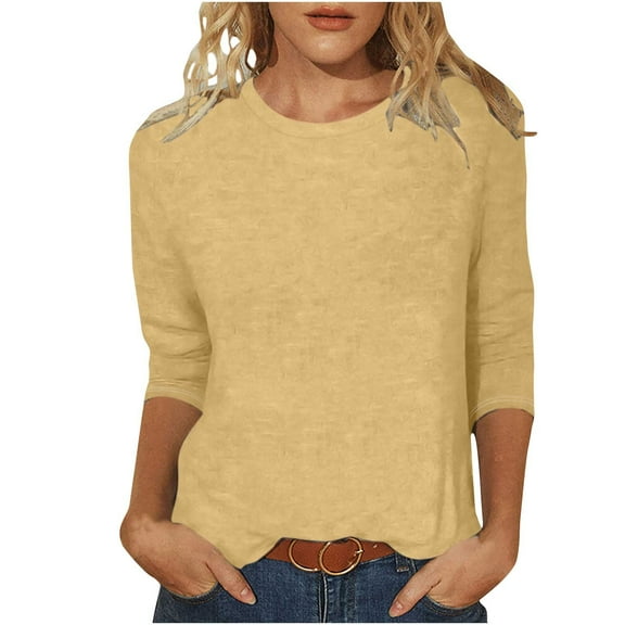 Otntypg 3/4 Sleeve Tops for Women Dressy Casual Summer Crew Neck Basic Solid Color Workout Tees Shirt Loose Oversized Soft Cotton Tunic Blouse Yellow#02 XXL