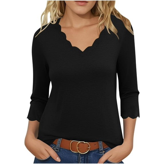Otntypg 3/4 Sleeve V Neck Tops for Women Elegant Dressy Solid Color Basic Tunic Blouse Loose Fit Casual Vacation Tees Shirt Black XL